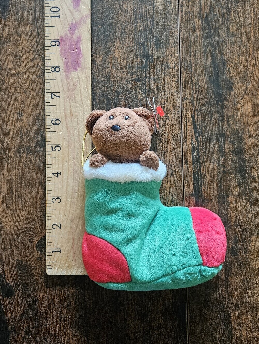 Vintage Ty Beanie Baby Teddy Bear Christmas Stocking Ornament - Green & Red